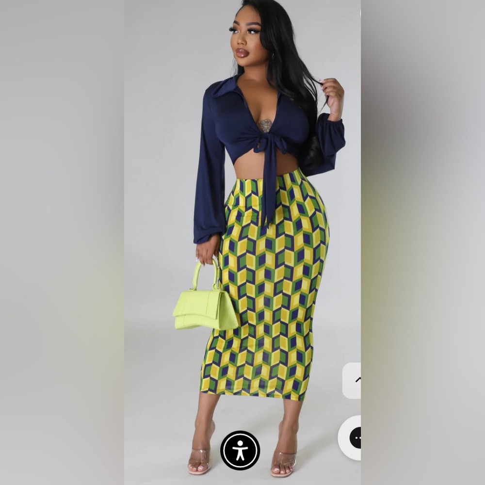 Geometric Patterned Skirt Set in Yellow and Blue (Small NWT)